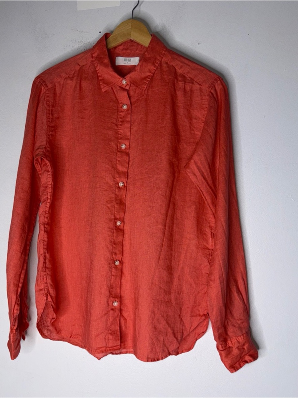 uniqlo Orange Collar Long Sleeve Button Down Linen Shirt Small